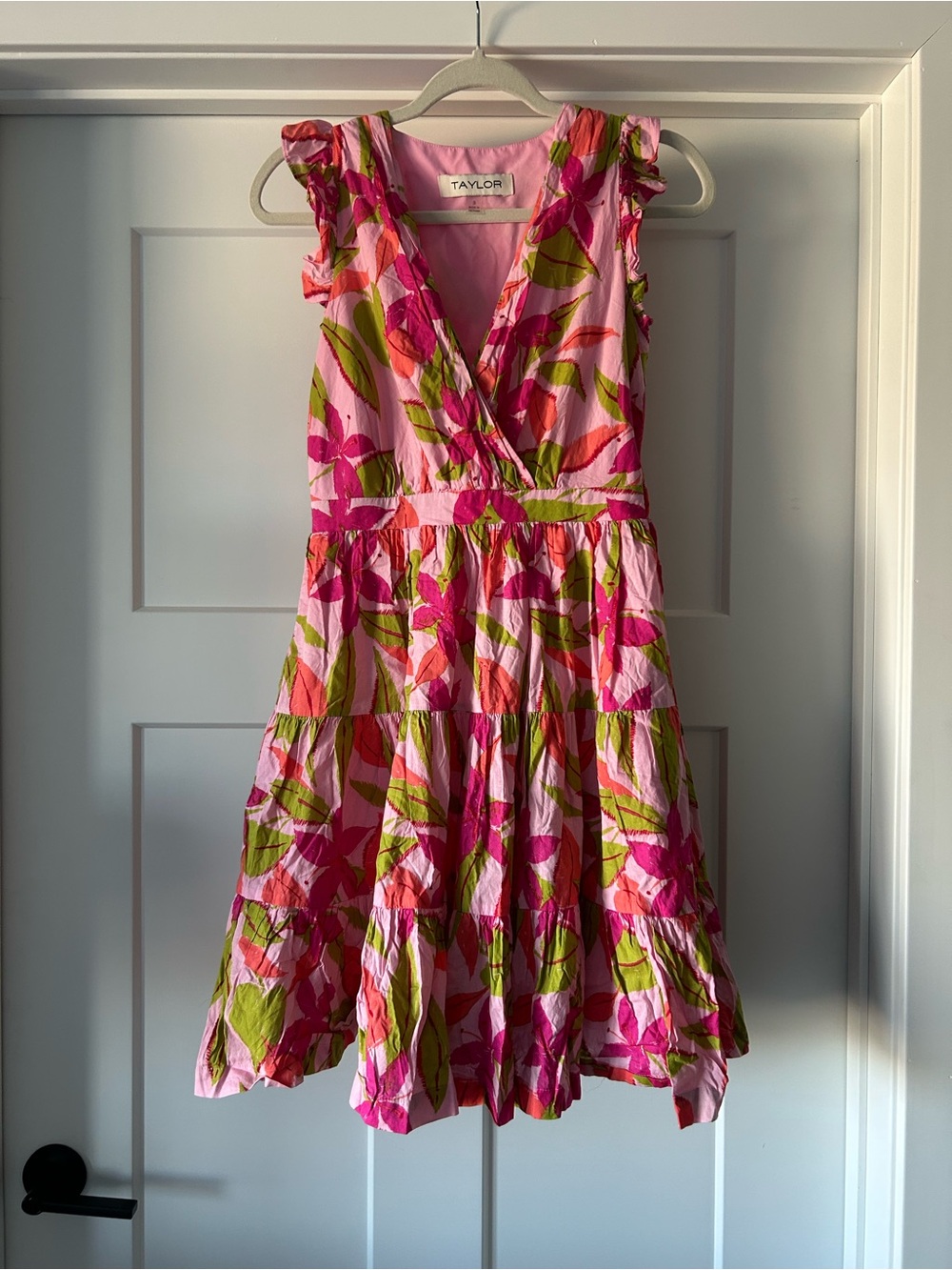 Taylor Pink Floral Wrap Dress with Green Leaf Print